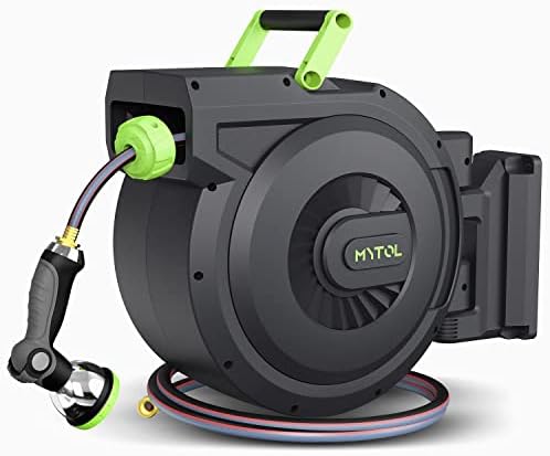 MYTOL Retractable Garden Hose Reel, 1/2 Inch x 100 ft + 6 ft Wall Mount Hose Reel with Automatic Slow Rewind System, Any Length Lock, 10 Patterns Hose Nozzle, 180°Swivel Bracket, for Garden Watering