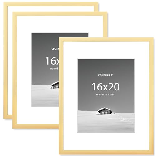 Venusmiles 16x20 inch Picture Frame, 16x20 Photo Frames with 11x14 Removable Mat - High Definition Plexiglass - Vertical and Horizontal Display - Wall Hanging Frame - Gold, 3 Pack