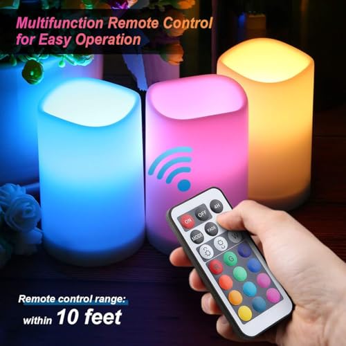 Image of LED Flickering Flameless Candles with Color Changing, Remote Control and Auto-Off Timer, 100 Hours Working Time, Battery-Operated.Multi-Color(Multi-Colored, 4(h)*2.5(d) in 3 Pack)