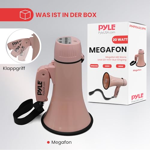 Pyle Megaphon mit Sirene & Mikrofon, Signalhorn 20 Watt mit Lautsprecher, Schultergurt, Aufnahmefunktion & Aux-Anschluss, Mini Megafon Kinder & Erwachsene, Robustes Tröte Faltbar für Indoor & Outdoor