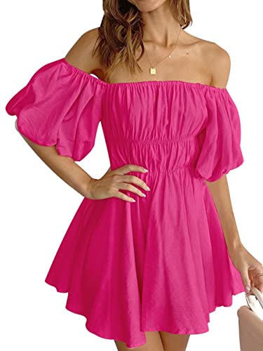 Hotwy Women's Puff Sleeve Off Shoulder A Line Dress Solid Color Smocked Dress Ruffled Swing Dress Rose Red X-Large #TOP3