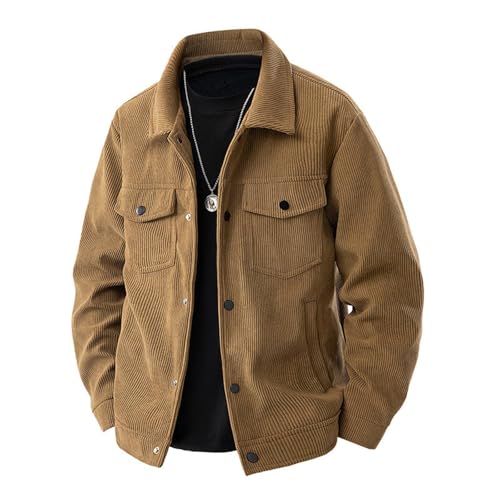 Cambkatl Men's Fleece Lined Vintage Corduroy Tactical Jackets - Lapel Button Down Long Sleeve Loose Winter Coats with Pockets