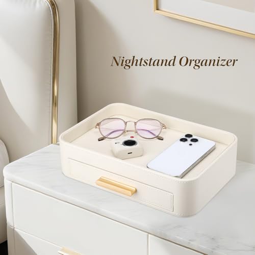 GORESE Bandeja para Joyas, Bandeja de Valet con Cajón Cuero Bandeja de Mesa de Noche Organizador Vaciabolsillos Escritorio Bandejas Decorativas para Llaves,Maquillaje,Joyería,Moneda(Blanco Marfil) - imagen 7
