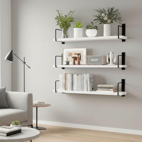 Image of Wall Mounted Bathroom Shelves Set of 3, White Rustic Wood Floating Shelves with Metal Brackets, Wall Storage Rack for Toiletries Organizer Washbasin Kitchen Living Room (White 2)