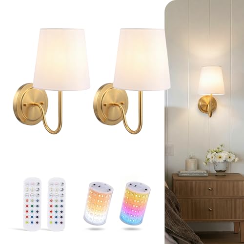 Image of CLOUDY BAY 10000mAh Battery Operated Wall Sconces,Up to 100 Hours with Rechargeable RGB Dimmable Magnetic Bulb,Cordless Wall Lighting Fixtures with Remote for Bedroom,Soft Gold,2 Pack-12inch