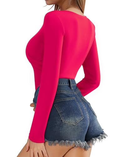 Image of Mangopop Women' Surplice Ruched Plunge Neck Deep-V Long Sleeve Bodysuit Jumpsuits