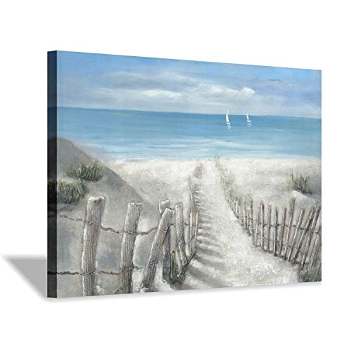 Abstract Beach Artwork Coastal Picture: Rustic Wooden Fence Path to Ocean Painting on Canvas Wall Art for Bedroom (36” x 24” x 1 Panel)