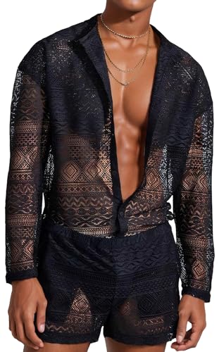 FEOYA Men's 2 Piece Hollow Out Lace Long Sleeve Button Down Shirt Elastic Waist Shorts Outfits Tracksuit