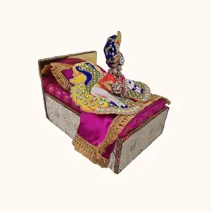 ONE Click Luxurious Wooden Bed/Bister for 0-2,2-3, 3-4 Size | Laddu Gopal Ji,Banke Bihari Krishna Ji, Kanha Ji, Thakur Ji |Bed Comes with Soft Beautiful Mattress| 1 Large Pillow |1 Night Cover Sheet