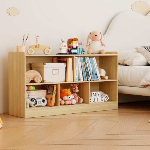Montessori Toy Storage Cabinet, 5-Section Wooden Book & Toy Storage Organizer with Open Shelves for Toddler and Baby, Book Shelf Organizer for Kids Room, Nursery, Playroom and Classroom, Natural - Image 2