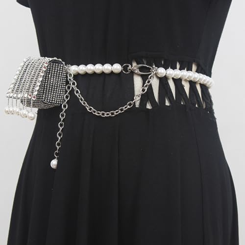 Pearl Chain Small Bag Women's Rhinestone mini Everything Belt Oblique Straddle Bag Waist Chain Accessory Trend(E)3