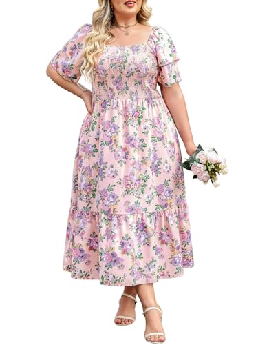 Younrui Plus Size Floral Dresses for Curvy Women Casual Spring Loose Fit Modest Midi-Calf Length Tiered Long Dress(2XL-1062-Pink Floral)