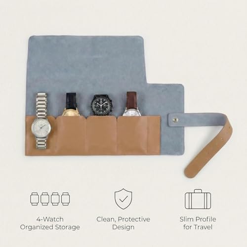 Image of Folk Creations Watch Roll for 4 Watches | Vegan Leather Travel Case for Men | Velvet Cushion Organizer | Gift for Collectors | Scratch-Proof Watch Storage Box, Tan