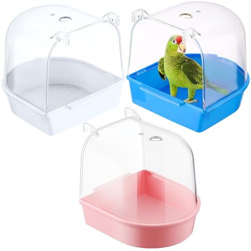Image of Honeydak 3 Pieces Clear Bird Bath for Cage Parakeet Bird Cage Accessories Hanging Bath Box Parrot Bathing Tub with View for Cockatiel Conure Canary Budgies Parrots (Cute Color)