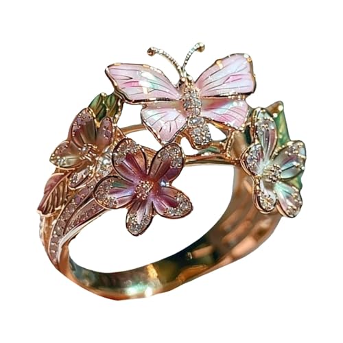 Spizummp Anillo de boda con flores de mariposa, ajustable, clásico, exquisito, anillo de mariposa de resina y acero, anillo de mariposa dorado, anillo de mariposa de oro rosa con perlas brillantes y