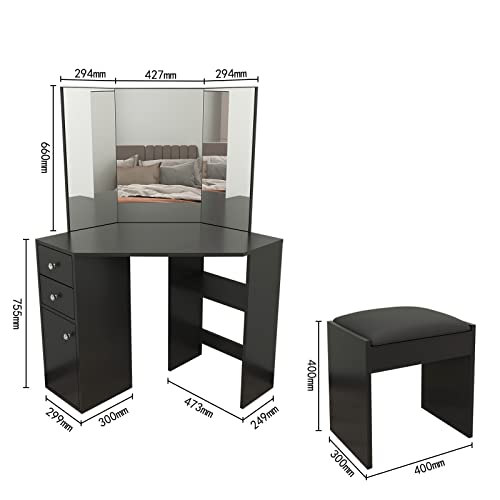 Vanity Benches, Vanity Makeup Desk With Three-Fold Mirror Wooden Bedroom Vanity Table Corner Dressing Table With Cushioned Stool (Black) #TOP6