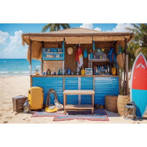 Fond de scène grand format 3x2m motif surf tropical et ciel bleu lumineux