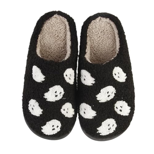 Qubuwalk Halloween Pumpkin Slippers for Women Men Spooky Slides Soft Plush Fuzzy Slippers Cozy House Slippers Indoor Outdoor Shoes