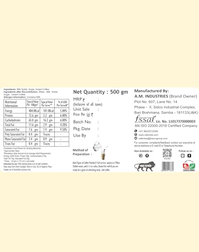 Image of Cafe N Tea Cold Coffee Premix Powder 1kg (Pack of 2 x 500g) Instant Drink Mix Cafe Style Iced Coffee Rich Creamy Easy to Make Makes 40 Glasses