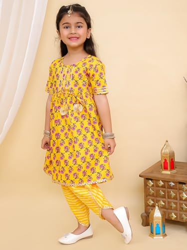 Image of superminis Cotton Blend Baby Girl's Jaipuri Print Frock Style Kurti With Frill Sleeves And Dhoti Style Salwar With Elastic Closure Ethnic Dress Clothing Set