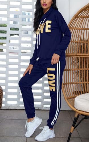 Women 2 Piece Sweatsuit Outfits Letter Print Tracksuits Long Sleeve Pullover Sweatshirt Jogging Pants Set Navyblue S