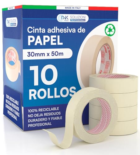 DNK TRADE 10x Cinta de Carrocero Para Pintar y Enmascarar 30mm x 50m - Removible Sin Residuos, Sin Disolventes - Cinta de Pintor Con Papel Uso Profesional y Bricolaje