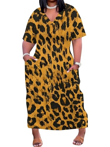 Image of Plus Size Maxi Dress for Women Short Sleeve V Neck Casual Loose Sundress with Pockets