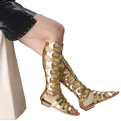 Camssoo Women's Open Toe Knee High Sandals Strap Gladiator Vamp With Back Zipper Closure Outdoor Flat Long Boots Boots Gold Pu Size Us8.5 Eu39 #TOP2
