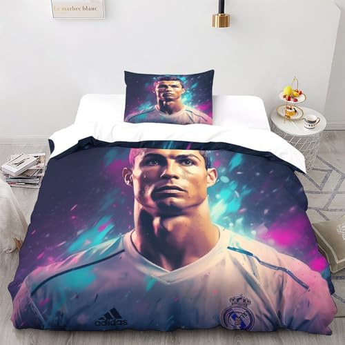 LSORU Ronaldo Beddengoedset, dekbedovertrekset met ritssluiting, dekbedovertrekset voor tieners, kinderen, jongens, meisjes en volwassenen, duurzame microvezel, 3-delige set, eenpersoons (135 x 200 cm
