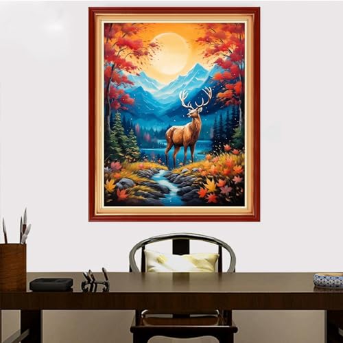 Image of Redxing Stamped Cross Stitch Kits Embroidery kit for Beginners Adults Full Range of Embroidery Patterns Starter Kits DIY Printed Cross Stitch Kits Needlepoint Kits 11CT-Sunset Elk 16x20 inch