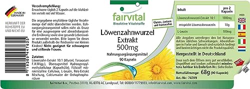Löwenzahn Kapseln - 500mg Löwenzahnwurzel-Extrakt pro Kapsel - HOCHDOSIERT - 10-fach konzentriert - VEGAN - 90 Kapseln