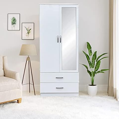 PALAKLOT 2 Door Mirrored & 2 Drawer Wardrobe | Modular Cabinet for Space Saving | Ideal Storage Organizer (White) Cover