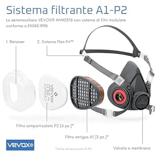 VEVOX® Maschera respiratoria con filtro A1P2 – Protezione da gas, vapori e polveri sottili – Ideale per verniciatura, levigatura e lavori edili – Con 6 filtri P2 antiparticolato e 2 A1 antigas