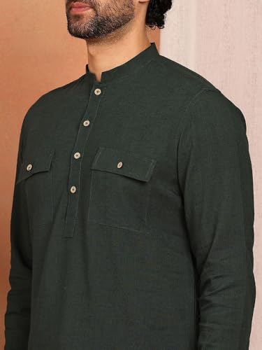 Image of See Designs Men's Full Sleeve Mandarin Collar Linen Solid Pathani Set