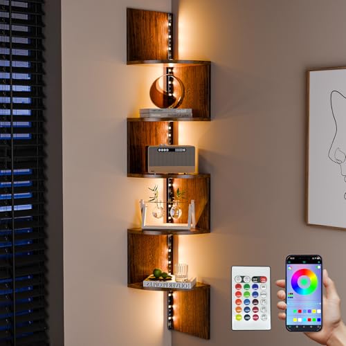 HAAYOT Corner Shelf Wall Mounted: 5-Tier Floating Shelves with Lights