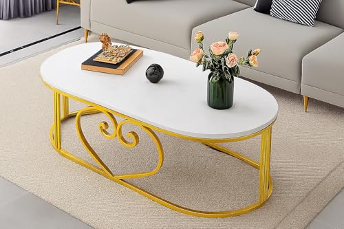 Image of Oval Accent Metal Centre Table with Marble Look Coffee Tables with Engineered Wood Top and Metal Frame, Contemporary Table for Office, Bedroom, or Living Room Golden White