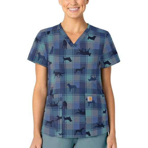 Carhartt Scrubs C13414 Women's Modern Fit V-Neck Print Scrub Top - X-Large Regular - Faithful Friends Navy