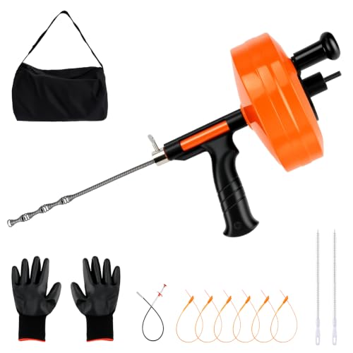 Image of Drain Snake 50-Foot, Manual or Drill Powered Drain Auger | Heavy Duty Flexible Plumbing Snake for Clog Removal in Kitchen, Shower, Sink, Toilet and Bathtub, with Gloves and Storage Bag