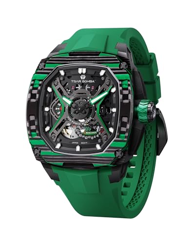 Image of TSAR BOMBA Luxury Mechanical Watches for Men with Carbon Fiber Case Men Wristwatch Luminous 5ATM Water Resistant Men's Watch with Fluorine Rubber Strap Great Gifts for Men