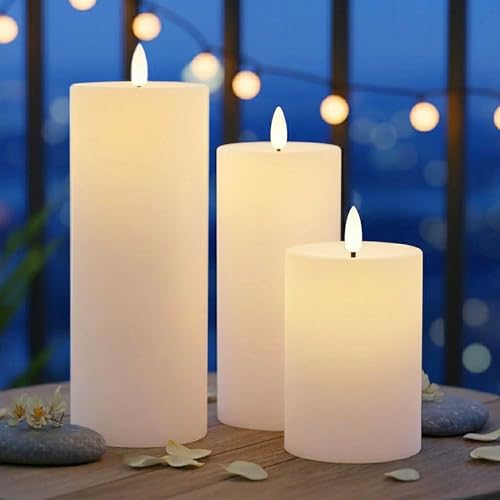 Solar LED Stumpenkerzen mit Flammen Effekt 3er Set - 15/12 / 10 cm - Künstliche Kerze warm weiß für Außen mit Flackereffekt - Garten Tisch Deko Beleuchtung Outdoor Solarkerze flackernd