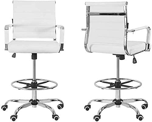 Drafting Chair Stool Office Ergonomic Footrest Leather – Tall Arms Footrest Height Adjustable Ribbed Mid-Back Tilt-Tension Control Rocker Lumbar Support Swivel Rolling Cushioned 400lb BIFMA (White)