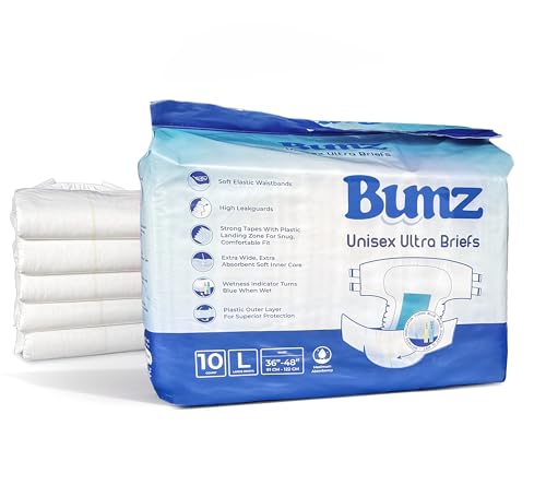 Bumz Maximum Absorbency Adult Diapers for Incontinence. Large (36-48). White, 10 Count