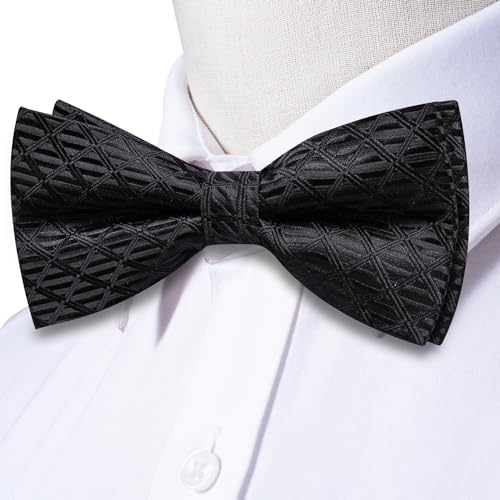 Image of Hi-Tie Pretied Bowtie Lapel Pin Set for Men Pocket Square Cufflinks 4PCS Bow Tie Set Mens Wedding Business Party, Black Plaid