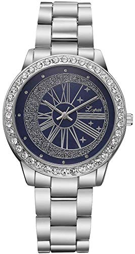 Damenuhr Quarz-Armbanduhr mit rundem Zifferblatt eingelegte Strass-Uhr mit Schnalle für Elegante Frauen, Silber