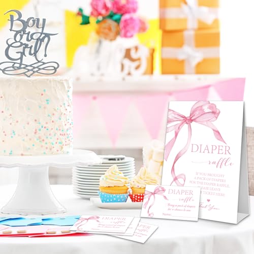 FYSUIMU Baby shower Diaper Raffle Game Kit 1 Diaper Raffle Sign and 50 Tickets Set Watercolor Pink Bow Template for Baby Shower Gender Reveal Parties - Thumbnail 5