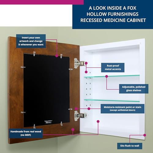 Image of 14x18 Concealed Picture Frame Medicine Cabinet without Mirror for Bathroom, Recessed in the Wall, Made in North America, Real Wood, NO MDF, Adjustable Shelves, Hidden, Caramel