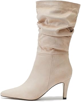 Women's Elegant Lace Ankle Boots with High Heel Classic Suede Long Shaft Winter Boots Cowboy Pointed Boots with Kitten Heel