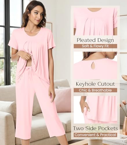 Image of NACHILA Pajamas for Women-Viscose Made from Bamboo,Short Sleeve Sleepwear Cooling Pjs Top Ladies Soft Capri Pants Pajama Sets