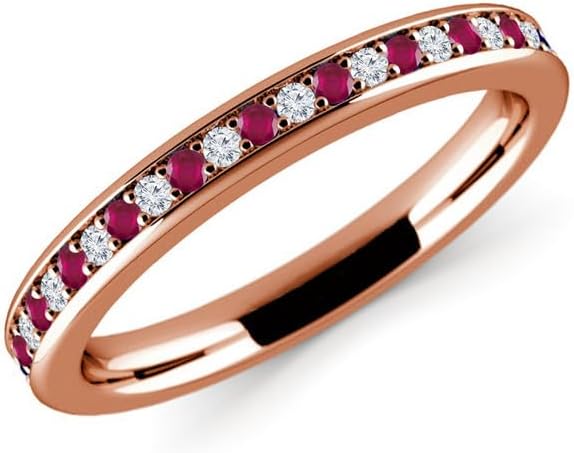 Alternate Ruby & White Diamond Wedding Band For Women, 14k Gold Finish Ruby Anniversary Half Eternity Ring, Ladies Stackable Diamond Ring