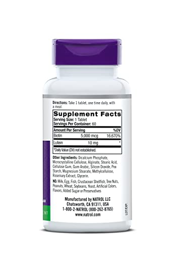 Natrol Biotin Beauty Plus Lutein Tablets, Promotes Healthy Hair, Skin And Nails, Improves Skin Elasticity And Hydration, Extra Strength 5,000Mcg, 60 Count #TOP2